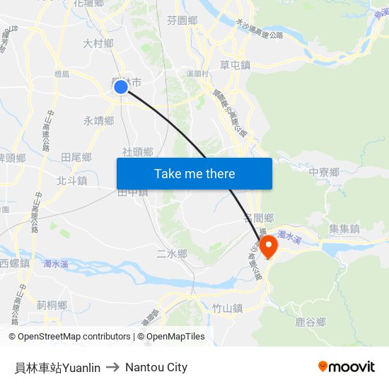 員林車站Yuanlin to Nantou City map