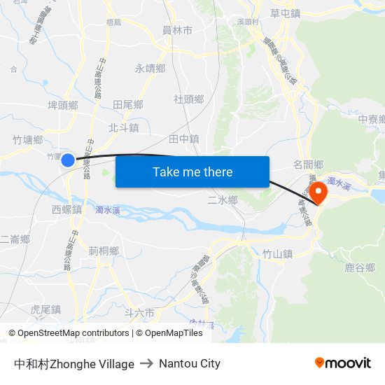 中和村Zhonghe Village to Nantou City map