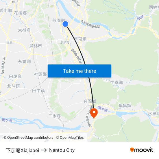 下茄荖Xiajiapei to Nantou City map