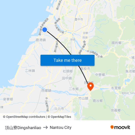 頂山寮Dingshanliao to Nantou City map