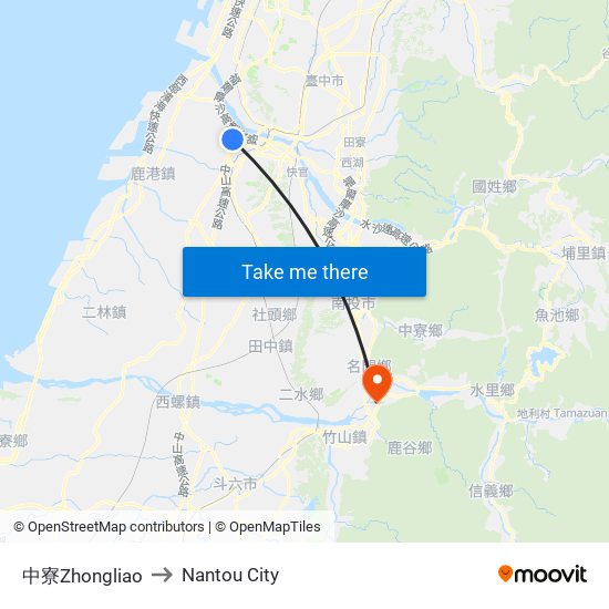 中寮Zhongliao to Nantou City map