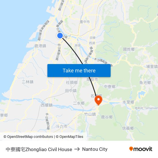 中寮國宅Zhongliao Civil House to Nantou City map