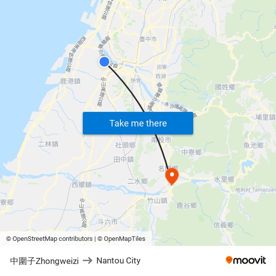 中圍子Zhongweizi to Nantou City map