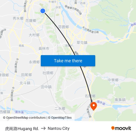 虎崗路Hugang Rd. to Nantou City map