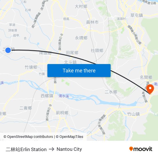 二林站Erlin Station to Nantou City map