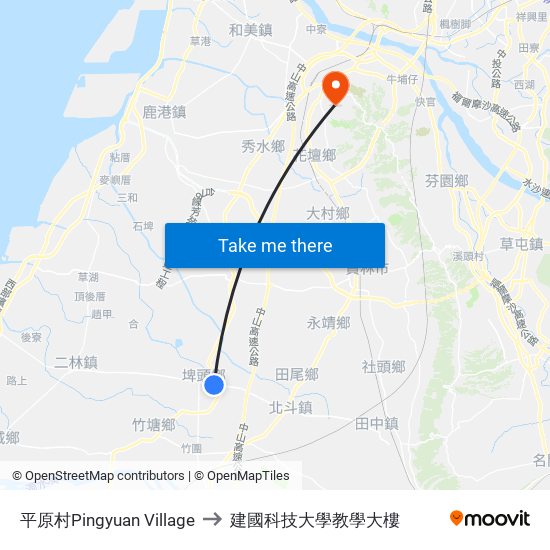 平原村Pingyuan Village to 建國科技大學教學大樓 map