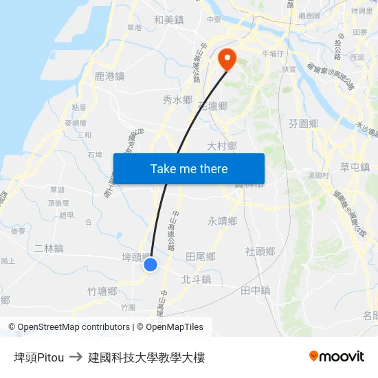 埤頭Pitou to 建國科技大學教學大樓 map