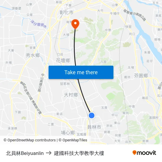 北員林Beiyuanlin to 建國科技大學教學大樓 map