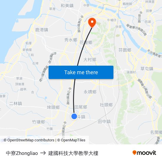 中寮Zhongliao to 建國科技大學教學大樓 map