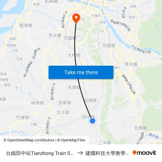 台鐵田中站Tianzhong Train Station to 建國科技大學教學大樓 map
