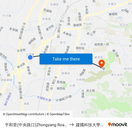 平和里(中央路口)Zhongyang Road Intersection to 建國科技大學教學大樓 map