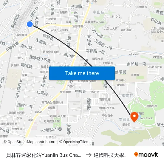員林客運彰化站Yuanlin Bus Changhua Station to 建國科技大學教學大樓 map