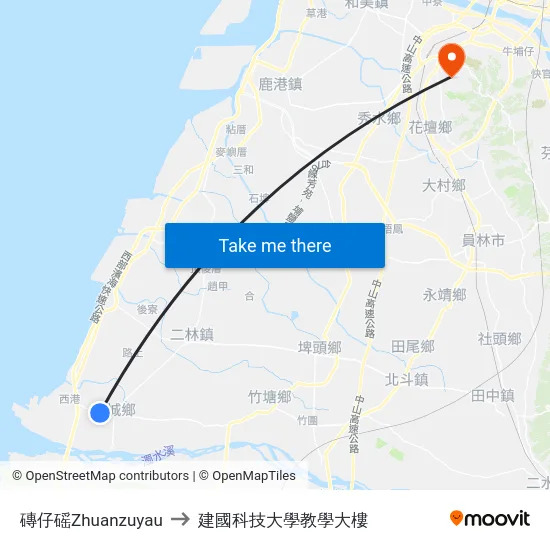 磚仔磘Zhuanzuyau to 建國科技大學教學大樓 map