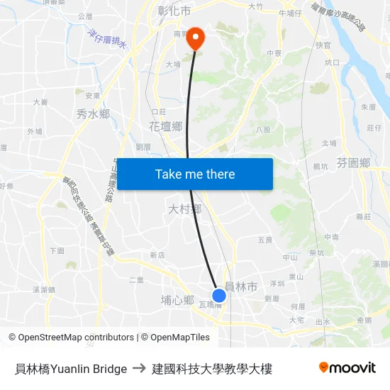 員林橋Yuanlin Bridge to 建國科技大學教學大樓 map