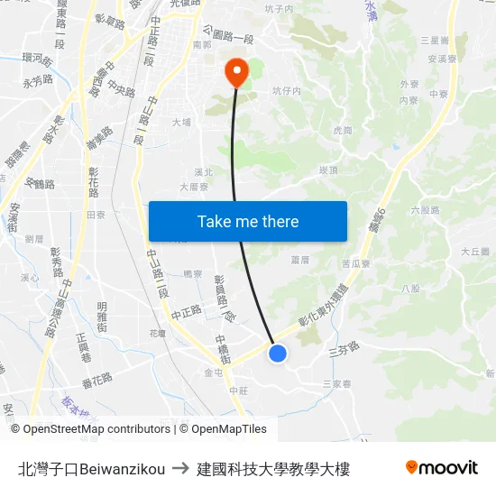 北灣子口Beiwanzikou to 建國科技大學教學大樓 map