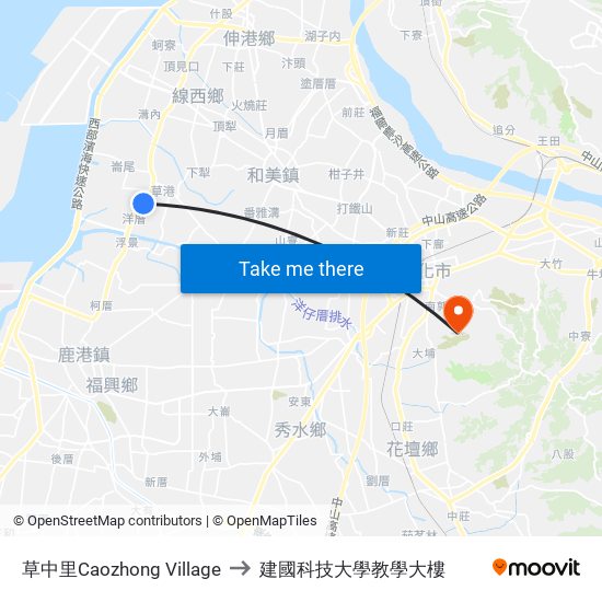 草中里Caozhong Village to 建國科技大學教學大樓 map