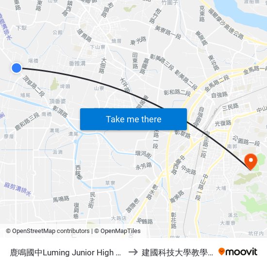 鹿鳴國中Luming Junior High School to 建國科技大學教學大樓 map