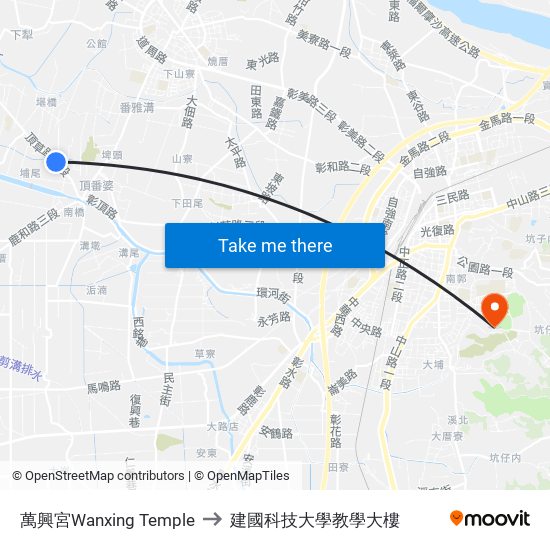 萬興宮Wanxing Temple to 建國科技大學教學大樓 map