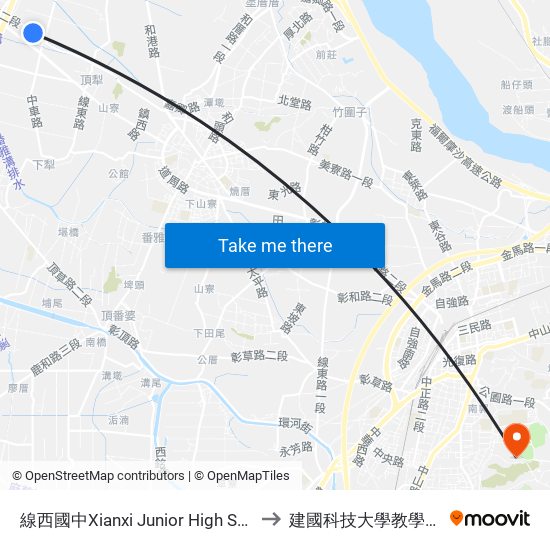 線西國中Xianxi Junior High School to 建國科技大學教學大樓 map