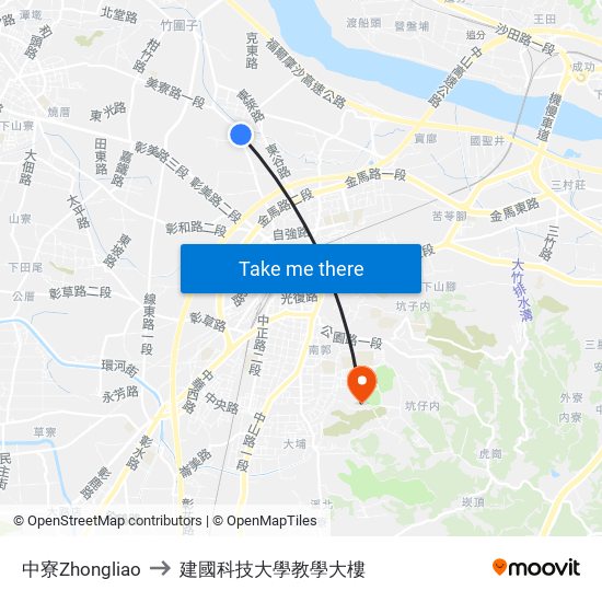 中寮Zhongliao to 建國科技大學教學大樓 map