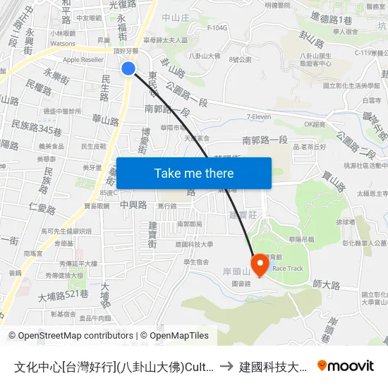 文化中心[台灣好行](八卦山大佛)Cultural Center(Great Buddha) to 建國科技大學教學大樓 map