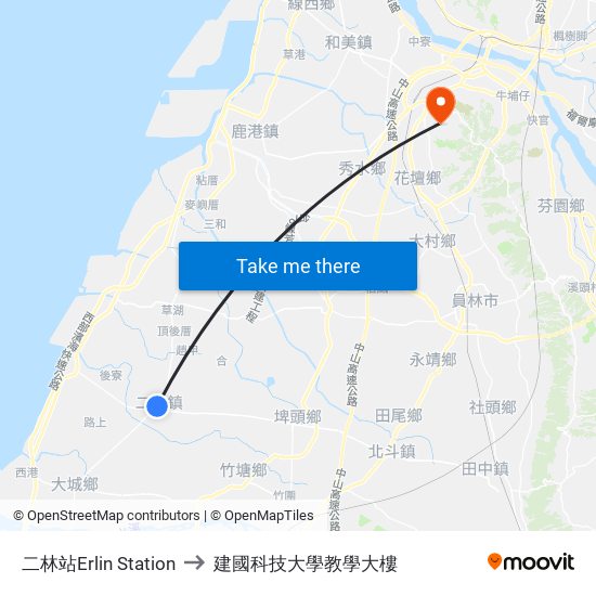 二林站Erlin Station to 建國科技大學教學大樓 map