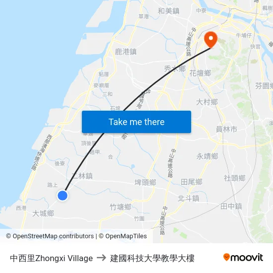 中西里Zhongxi Village to 建國科技大學教學大樓 map