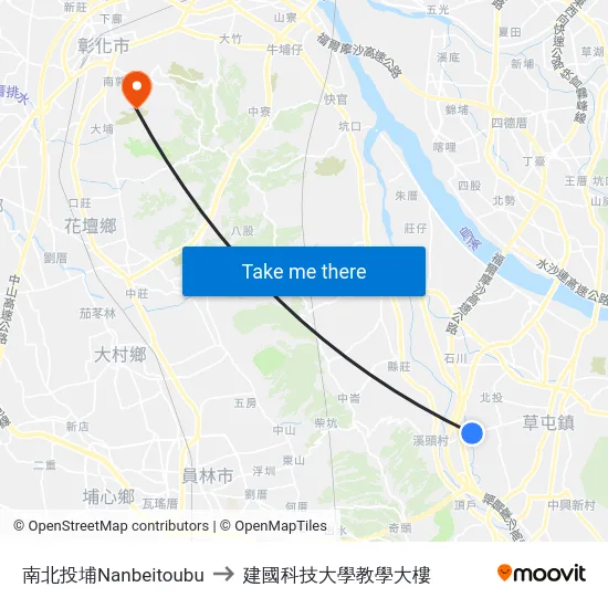 南北投埔Nanbeitoubu to 建國科技大學教學大樓 map