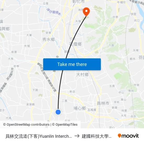 員林交流道(下客)Yuanlin Interchange Station to 建國科技大學教學大樓 map