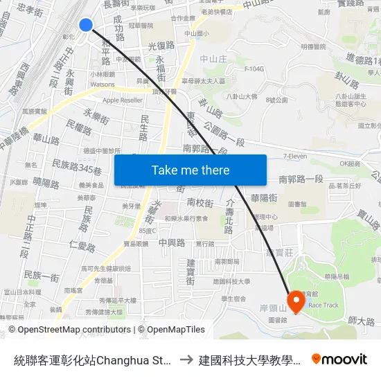統聯客運彰化站Changhua Station to 建國科技大學教學大樓 map