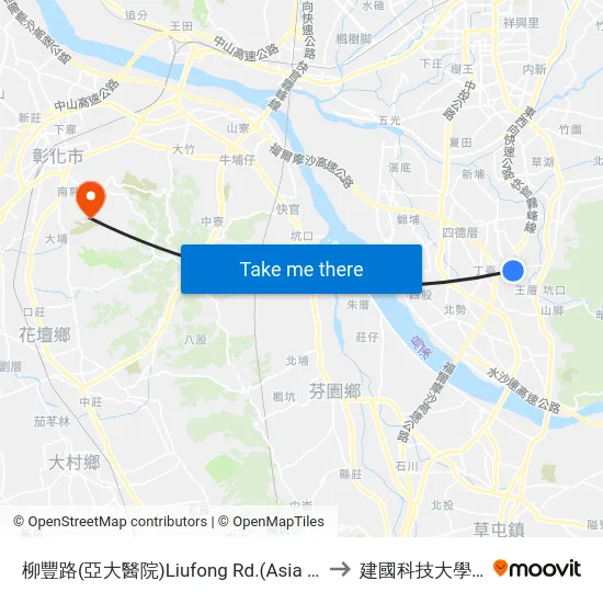 柳豐路(亞大醫院)Liufong Rd.(Asia University Hospital) to 建國科技大學教學大樓 map