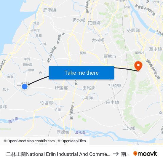 二林工商National Erlin Industrial  And Commercial Vocational High School to 南投縣 map