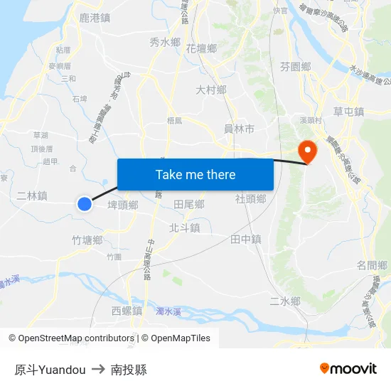 原斗Yuandou to 南投縣 map