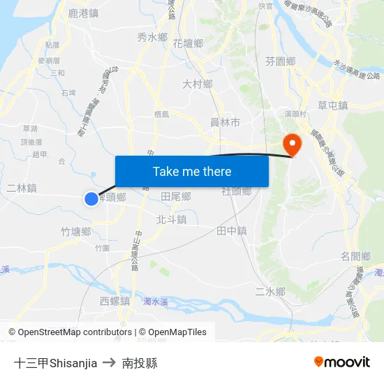 十三甲Shisanjia to 南投縣 map