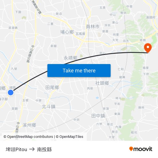 埤頭Pitou to 南投縣 map