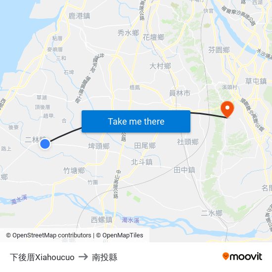 下後厝Xiahoucuo to 南投縣 map