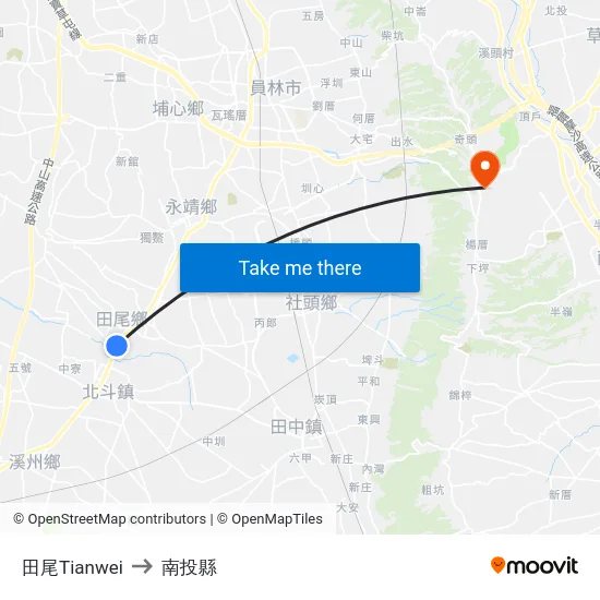 田尾Tianwei to 南投縣 map