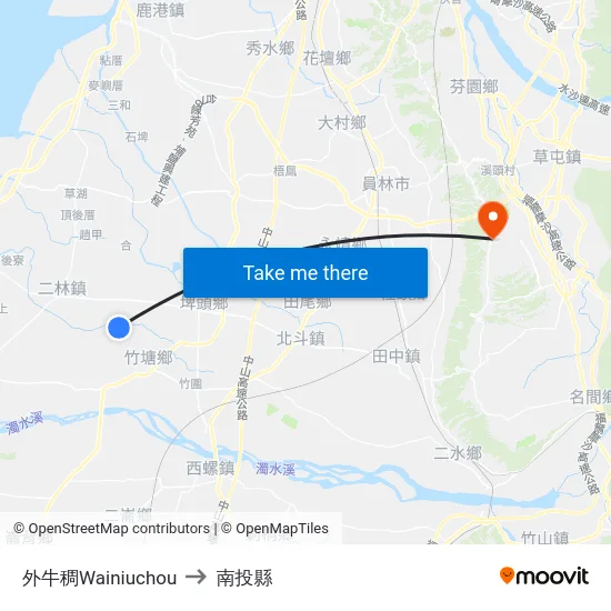 外牛稠Wainiuchou to 南投縣 map