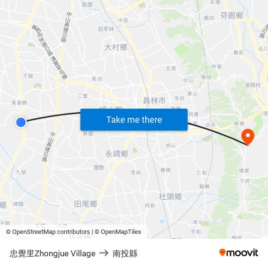 忠覺里Zhongjue Village to 南投縣 map