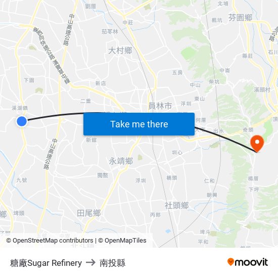 糖廠Sugar Refinery to 南投縣 map