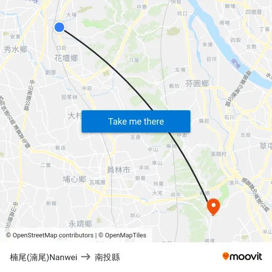楠尾(湳尾)Nanwei to 南投縣 map