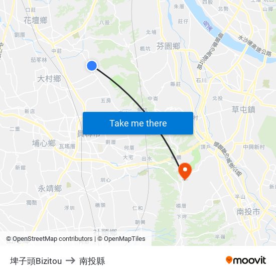埤子頭Bizitou to 南投縣 map