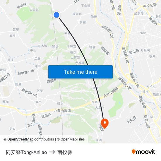同安寮Tong-Anliao to 南投縣 map