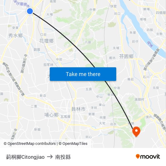 莿桐腳Citongjiao to 南投縣 map