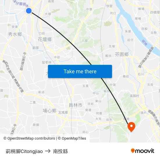 莿桐腳Citongjiao to 南投縣 map