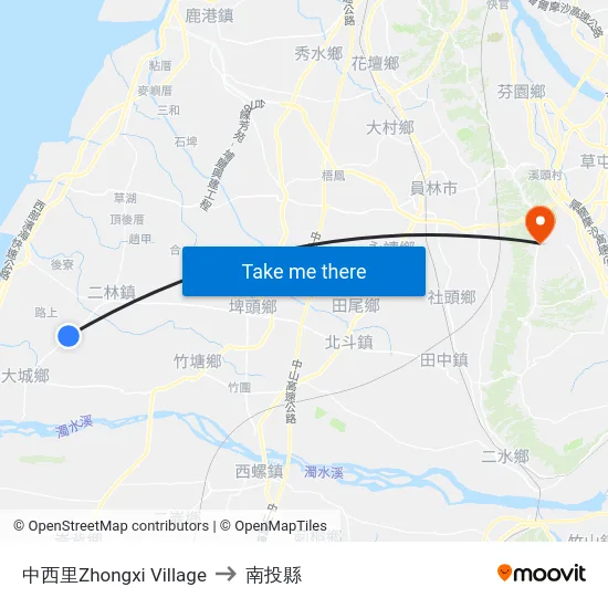 中西里Zhongxi Village to 南投縣 map