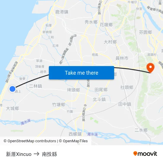 新厝Xincuo to 南投縣 map