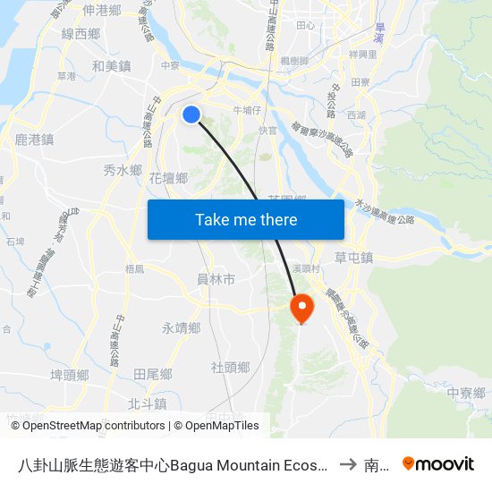 八卦山脈生態遊客中心Bagua Mountain Ecosystems Visitors Center to 南投縣 map