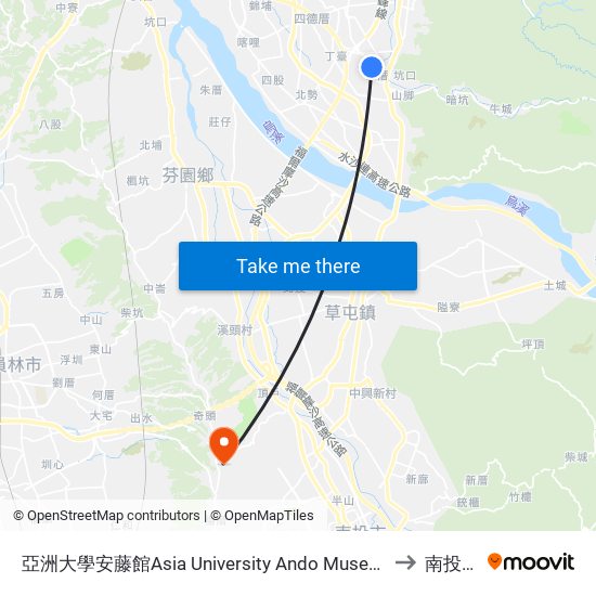 亞洲大學安藤館Asia University Ando Museum to 南投縣 map