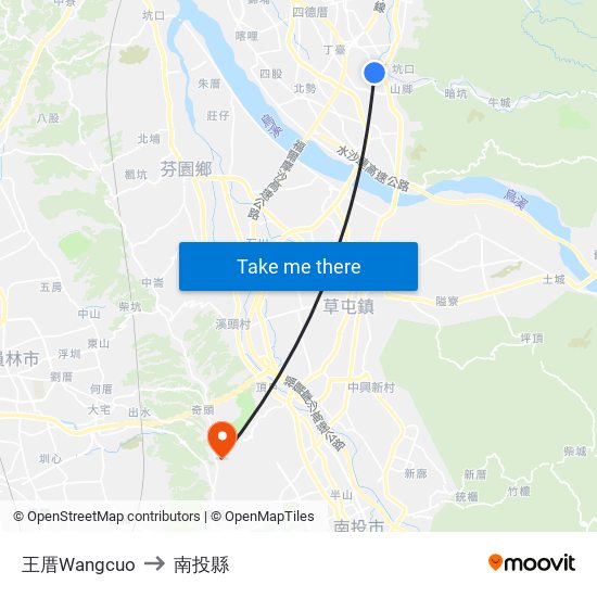 王厝Wangcuo to 南投縣 map